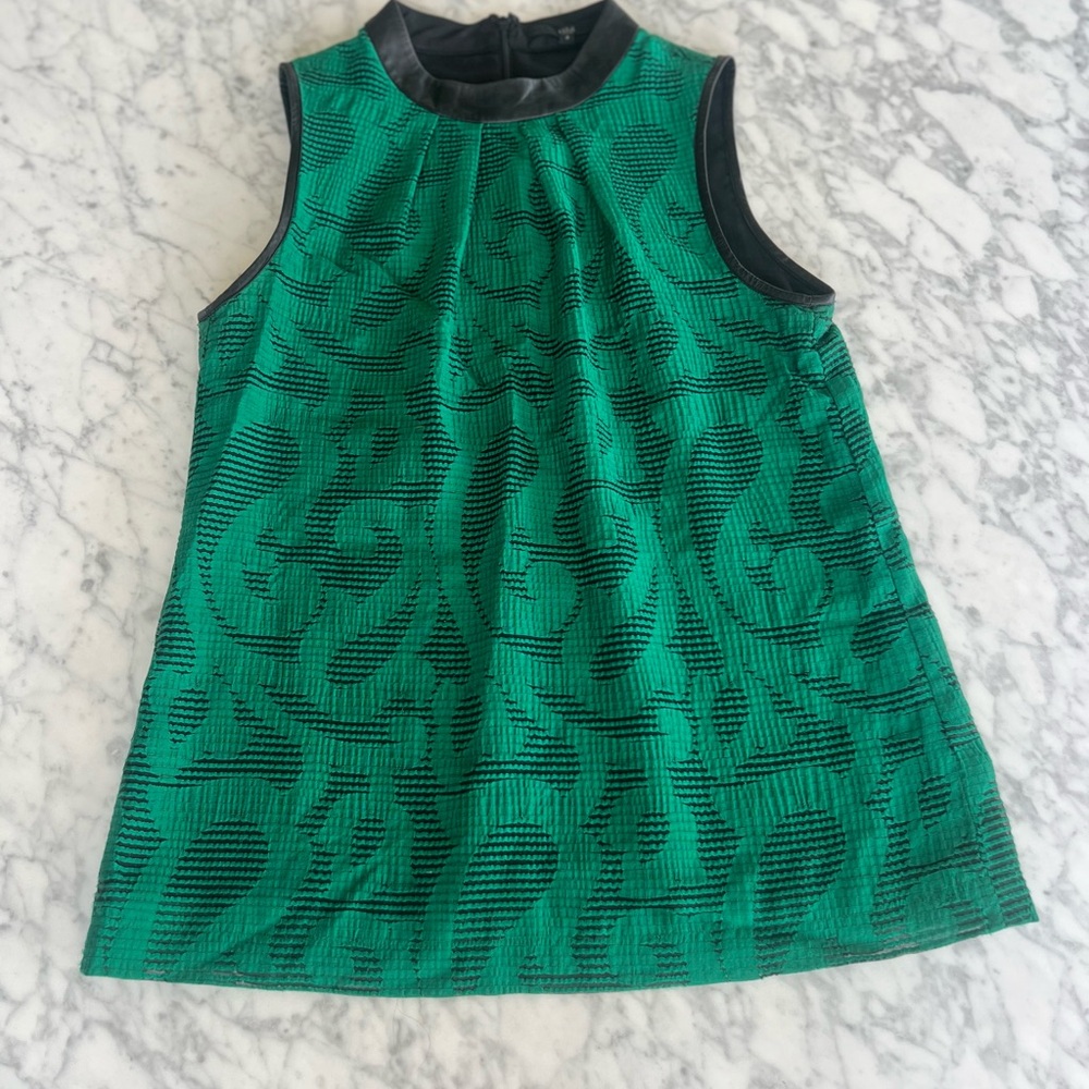 Tibi Green and Black Sleeveless Top with lamb leather trim.